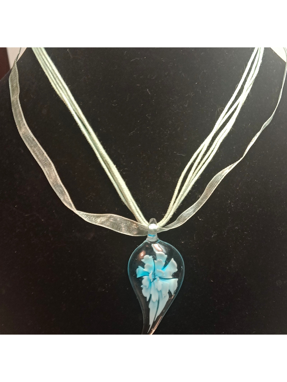 Vintage Hand Blown Art Glass Teardrop Pendant Necklace Blue Flower Implosion 3D